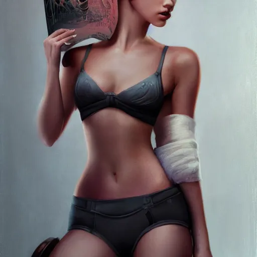 Prompt: tom bagshaw portrait, beautiful mix of dove cameron madison beer bella poarch in a camisole and hotpant, short cyberpunk haircut, professionally retouched, focus eyes, ultra realistic soft painting, insanely detailed linework, symmetrical accurate intricate features, behance, 8 k, - signature