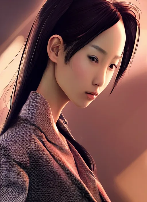 Image similar to portrait of angelababy, futuristic hong kong police uniform girl, au naturel, hyper detailed, digital art, trending in artstation, cinematic lighting, studio quality, smooth render, unreal engine 5 rendered, octane rendered, art style by klimt and nixeu and ian sprigger and wlop and krenz cushart