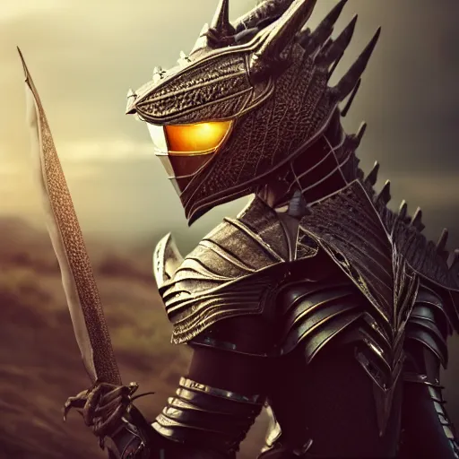 Image similar to highly detailed realistic stunning shot of a beautiful female anthropomorphic dragon knight, resting a detailed and engraved longsword over her armored shoulder, cloak flittering in the wind, high quality, HD octane render, epic cinematography, Artstation, Deviantart, Furaffinity