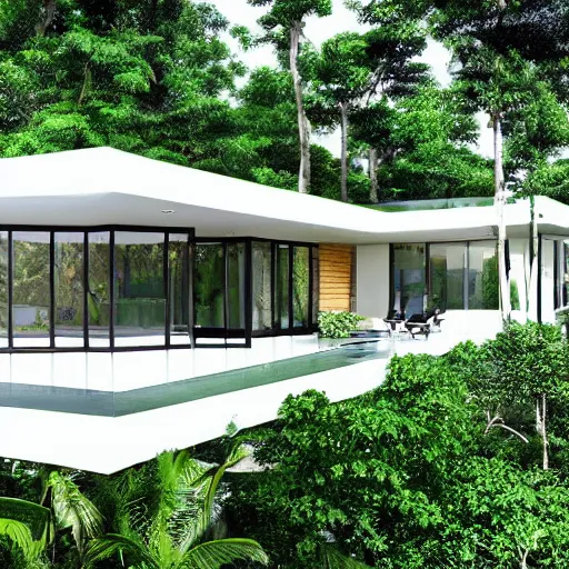 Image similar to modern house, surrounded by a lush jungle, hyper realistic, photo real, HD