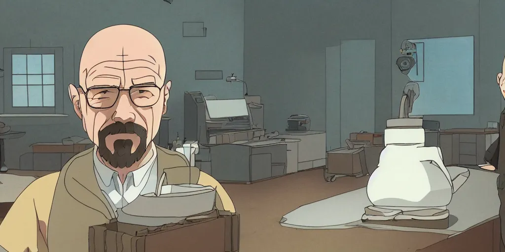 Image similar to walter white in a studio ghibli movie, movie still frame, anime art style, studio ghibli, 4 k, 8 k