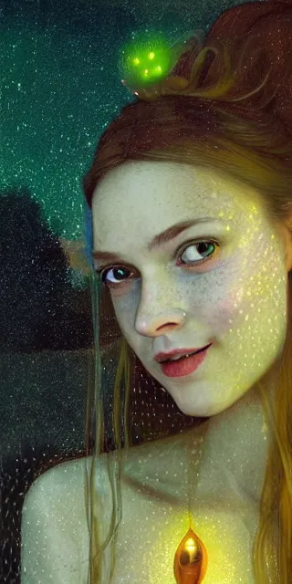 Image similar to a totally enraptured smiling young woman surrounded by golden firefly lights in a mesmerizing scene, sitting amidst nature fully covered, intricate detailed dress, long loose red hair, precise linework, accurate green eyes, small nose with freckles, smooth oval head, expressive emotions, hyper realistic ultrafine portrait by artemisia gentileschi, jessica rossier, artgerm