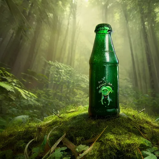 Image similar to a green eldritch coke bottle in an overgrown forest viewed from the sky by Marek Okon, god rays, fantasy art, 4k, HDR, photorealistic, 8k, trending on artstation