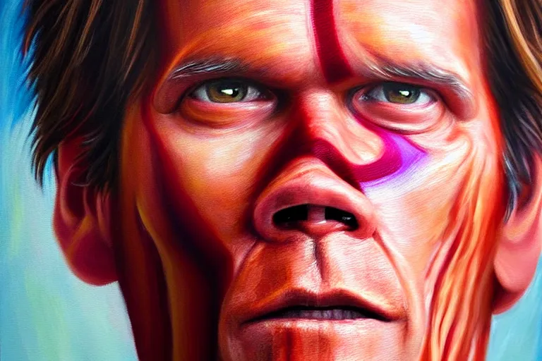 Prompt: an ultra realistic painting of kevin bacon, bacon rasher wrapped around his face, 8 k, cinematic, movie still
