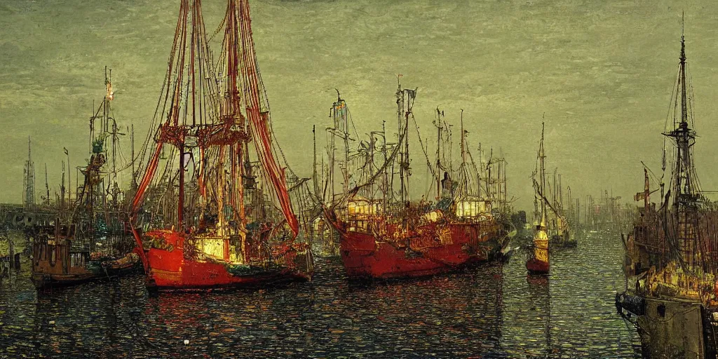 Prompt: two big colorful boats with big humanoid robots inside detailed painting by john atkinson grimshaw