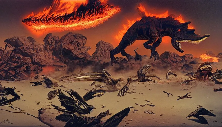 Image similar to the impact that destroyed the dinosaurs by syd mead and moebius, hyperrealistic, dinosaurs scorched