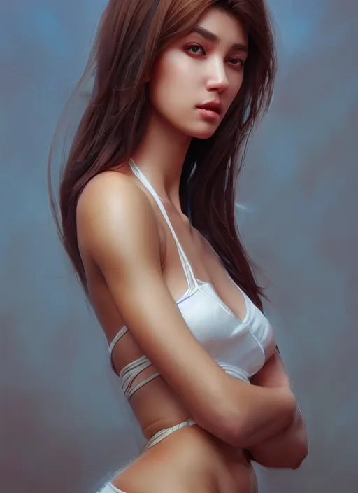 Image similar to photo of a gorgeous young woman in the style of stefan kostic, realistic, sharp focus, 8k high definition, insanely detailed, intricate, elegant, art by stanley lau and artgerm