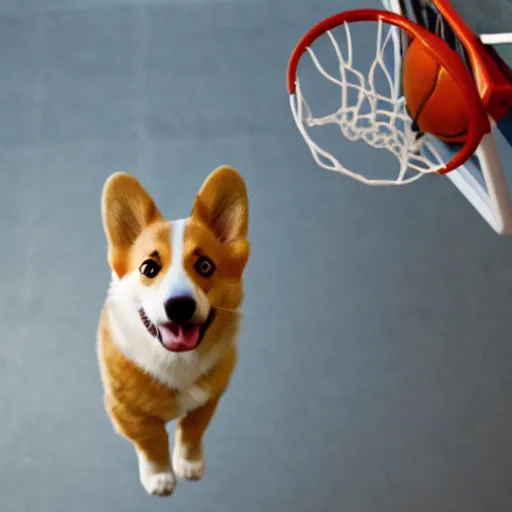 film still of a corgi in a jersey dunking a basketball
