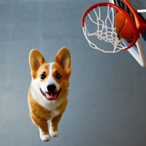 Prompt: film still of a corgi in a jersey dunking a basketball like michael jordan, low angle, show from below, tilted frame, 3 5 °, dutch angle, extreme long shot, high detail, indoors, dramatic backlighting.