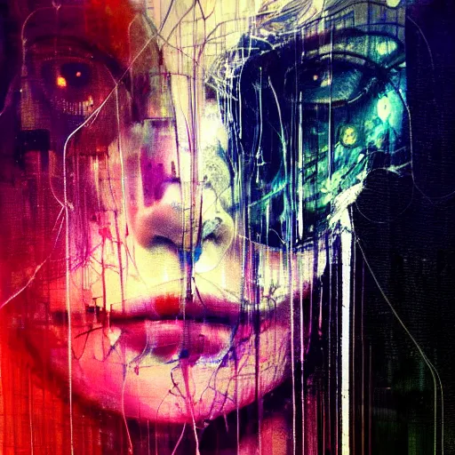 Image similar to beautiful young woman cyber dreamer glitchcore wires, machines, by jeremy mann, francis bacon and agnes cecile, and dave mckean ink drips, paint smears, digital glitches glitchart