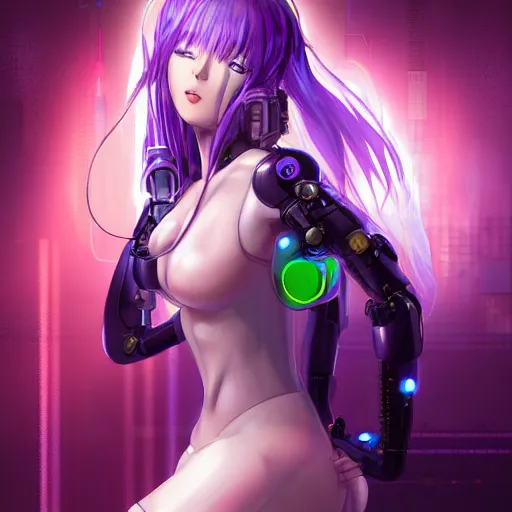 Image similar to A beautiful painting of a cyberpunk anime girl with purple hair and an a huge robot arm sensual stare, augmentations and cybernetic enhancements neon circuits, by Stanley Artgerm Lau, WLOP, Rossdraws, James Jean, Andrei Riabovitchev, Marc Simonetti, and Sakimichan, trending on artstation, hyperrealist, cinema4D, 8k highly detailed ❤️‍🔥 🔥 💀 🤖 🚀