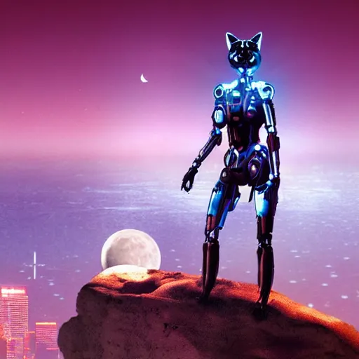 Image similar to A cyborg lady with her cat standing on her shoulders, standing on a cliff looking down at a futuristic city, with the atmosphere colored pale red, with dust particles and grains of wind blowing, and the moon is closely seen in the sky.