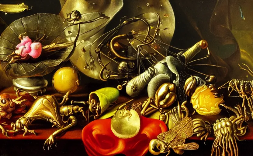 Image similar to disturbing colorful oil painting dutch golden age vanitas still life with bizarre objects strange gooey surfaces shiny metal bizarre insects rachel ruysch dali todd schorr very detailed perfect composition rule of thirds masterpiece canon 5 0 mm, cinematic lighting, photography, retro, film, kodachrome