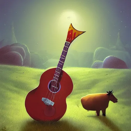 Prompt: cow playing a guitar by gediminas pranckevicius