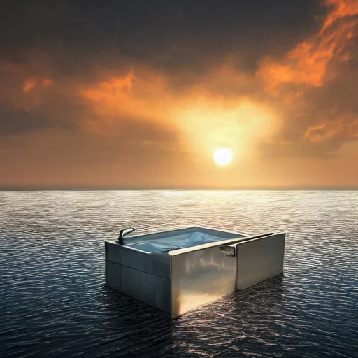 Image similar to a dirty public bathroom stall floating in the middle of the ocean, sunset, ultra realistic digital art, 4k, cgsociety, HDR, Intricate