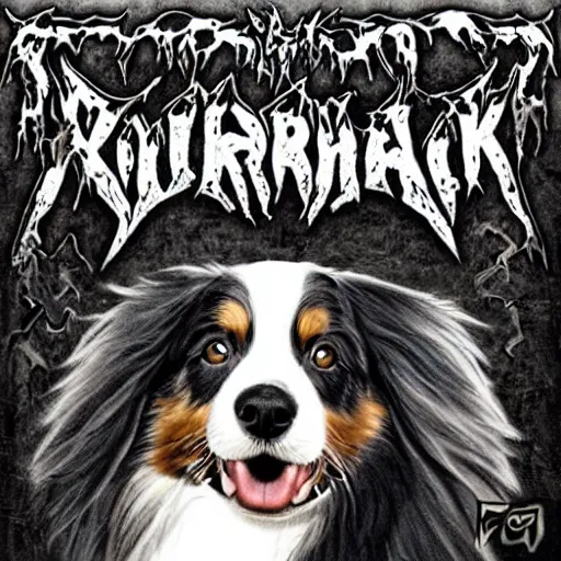 Image similar to australian shepherd on the album cover of a black metal band