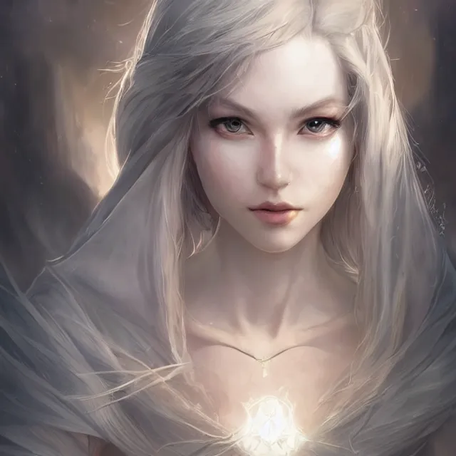 Image similar to a beautiful female cleric, ethereal, dreamy, backlit, highly detailed, stern expression, realistic lighting, sharp focus, windswept, rule of thirds, symmetrical facial features, by artgerm, wlop, rossdraws, frank frazetta, andrei riabovitchev, trending on artstation, hd, 4 k, fantasy