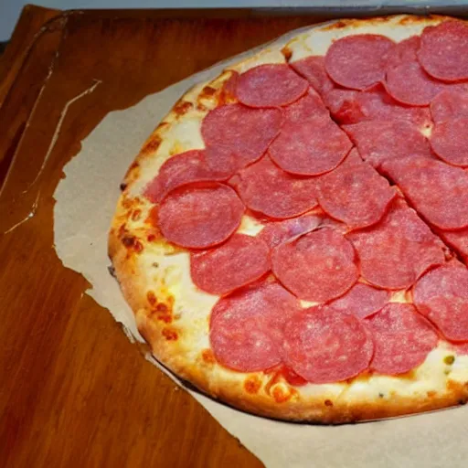 Image similar to a plain pepperoni pizza with pepto bismol sauce.