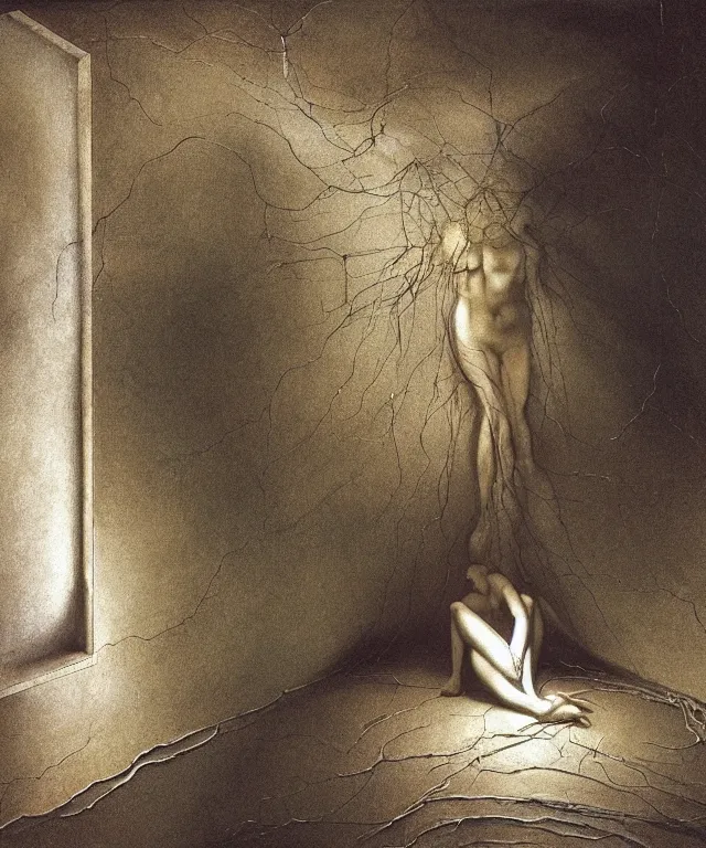 Image similar to The room without doors and windows with beautiful full-body wax sculpture of the glowing woman with visible golden bones inside her in the singularity where stars becoming baroque folds of dark matter by Michelangelo da Caravaggio, Nicola Samori, William Blake, Alex Grey and Beksinski, dramatic volumetric lighting, detailed oil painting, 8k, masterpiece