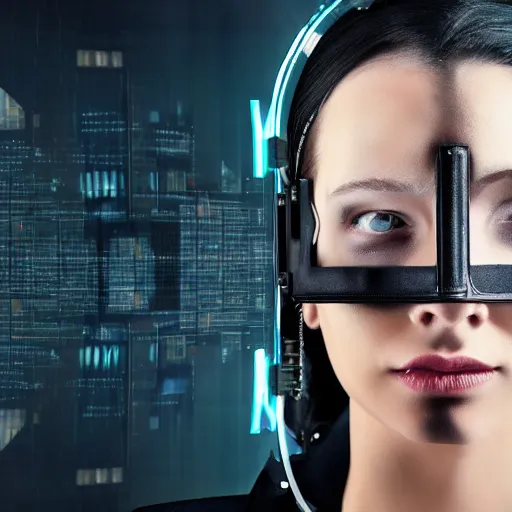 Image similar to a cyberpunk woman wearing a TV as a mask