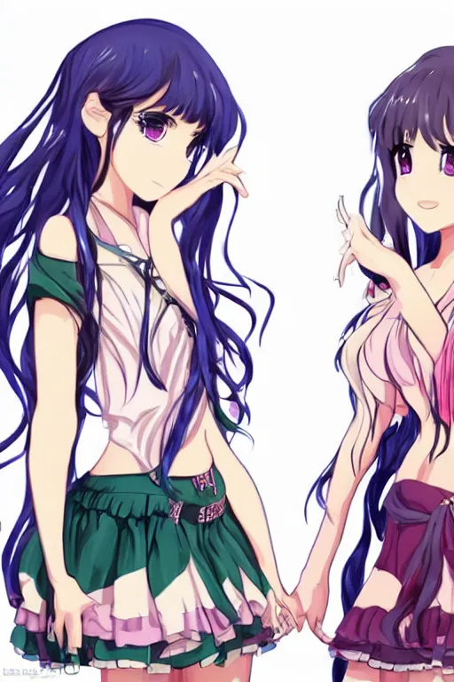 Image similar to two identical beautiful female idols standing face to face, detailed anime art