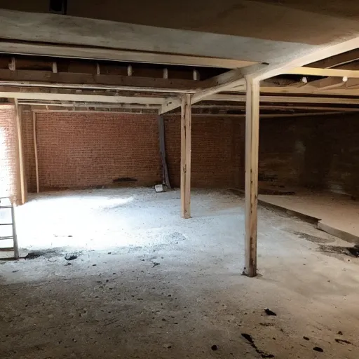 Prompt: empty dark basement, unfinished, craigslist photo