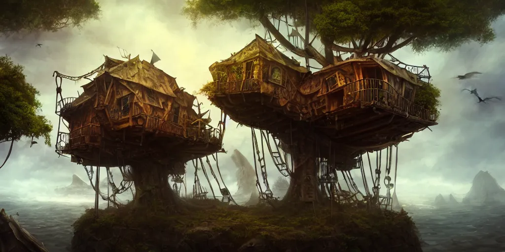 Image similar to A treehouse made out of a derelict pirate ship, torn sails, cargo net, crows nest, the treetops of giant oaks, game art matte painting hyperdetailed, artstation, cgsociety, 8k, surreal dream landscape