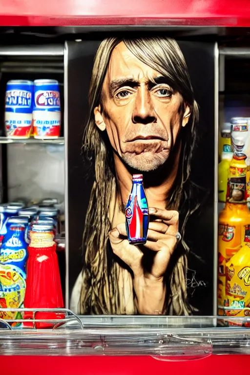 Prompt: a glass bottle of cola with iggy pop's head on it, in a bodega refrigerator