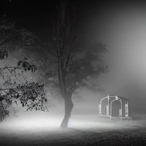 Image similar to a spooky haunted playground from the 1930's, back lit at night, volumetric lighting, mist, fog