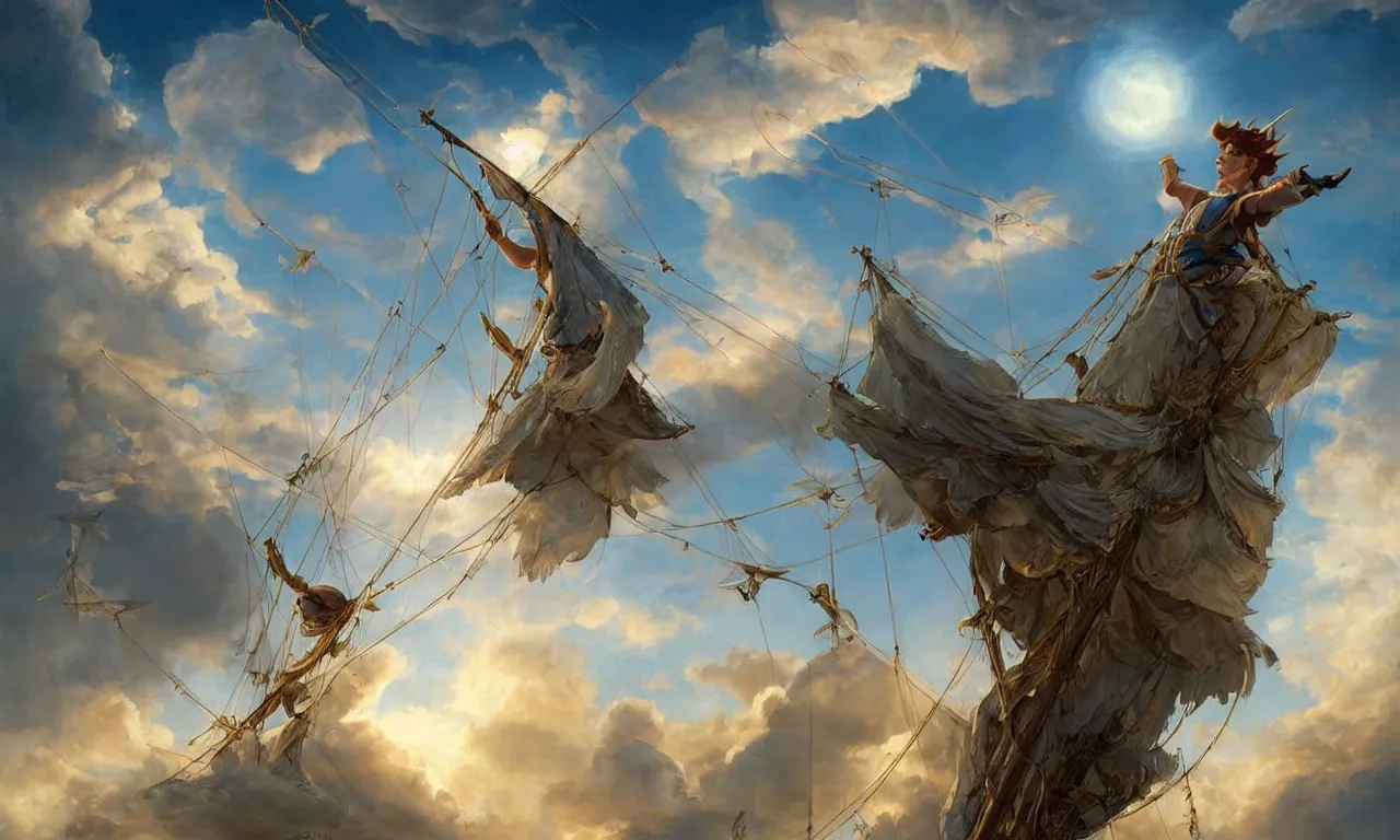 Prompt: a beautiful digital painting of peter pan, a white caravel flying in the clouds, birds in the sunlight, numerous golden ropes and intricated sails, blue sky at sunset, elegant, highly detailed, artstation, concept art, matte, sharp focus, art by tom bagshaw, kelogsloops and greg rutkowski