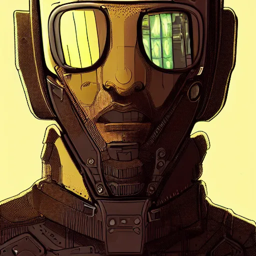 Prompt: a cyberpunk man with implants, techwear, Industrial Scifi, detailed illustration, character portrait, by Martin Grip and Moebius