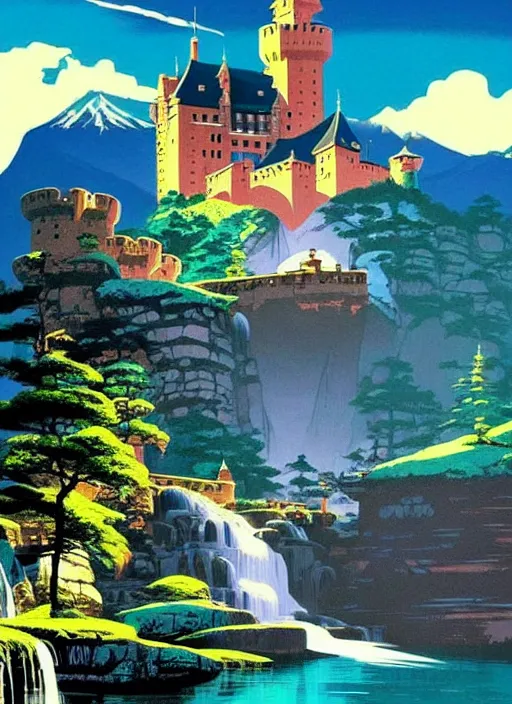 Prompt: magical castle, waterfall, river, mountain, scenery wallpaper aesthetic, beautiful, cinematic, dramatic, super detailed and intricate, hyper realistic, by koson ohara, by darwyn cooke, by hiroshi yoshida