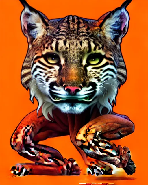 Image similar to male bobcat alien with orange fur and a white t - shirt with a red exclamation mark, full body, art by artgerm and greg rutkowski and alphonse mucha