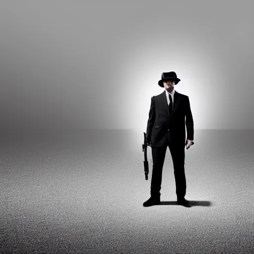 Prompt: serious looking man in a black suit and black fedora hat. he has a big silver gun, 4 k, atmospheric, epic scene, strong shadows, high contrast