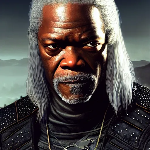 Image similar to closeup portrait of samuel jackson as geralt in the witcher, city background, dramatic light, gorgeous view, depth, high detail, digital art, concept art painted by greg rutkowski and seb mckinnon, neuromancer, trending on artstation