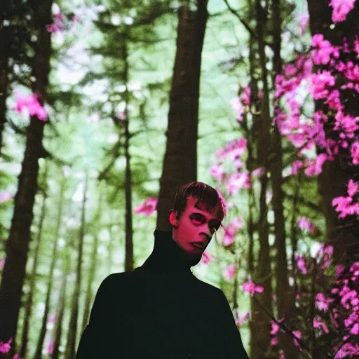 Image similar to close up kodak portra 4 0 0 photograph of a skinny guy standing in dark forest, face covered in flowers, moody lighting, telephoto, 9 0 s vibe, blurry background, vaporwave colors, faded!,