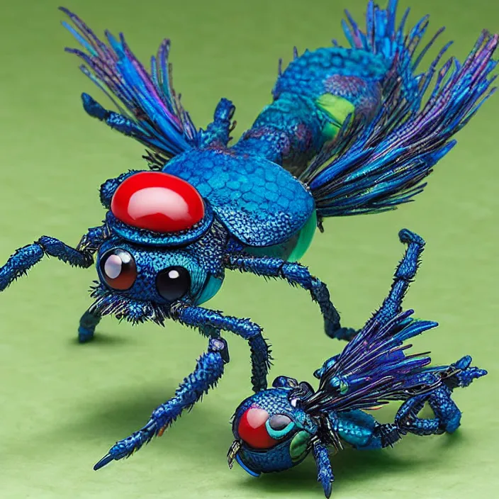 Prompt: peacock spider, an anime nendoroid of a peacock spider, figurine, detailed product photo