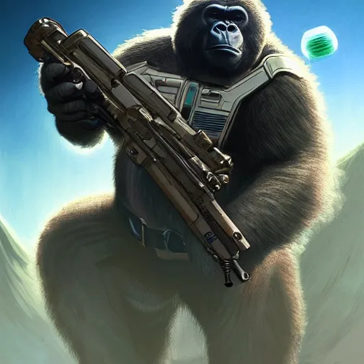 Image similar to detailed science - fiction character portrait of a silverback gorilla shooting a alien gun in space, intricate, wild, highly detailed, digital painting, artstation, concept art, smooth, sharp focus, illustration, art by artgerm and greg rutkowski and alphonse mucha