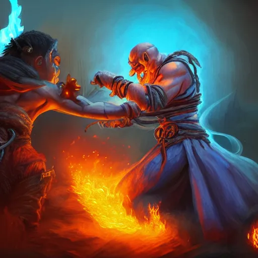 Prompt: a pyromancer is fighting a orc with blue fire, medium level shot , epic scene, Mucha style , general fantasy, illustration ,concept art,