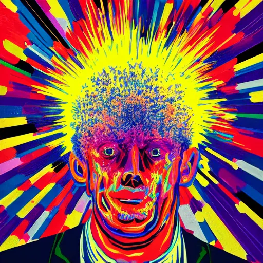 Prompt: a photograph of a man with his head exploding with colorful ideas, by douglas coupland, acrylic and epoxy on pigment print, abstract expressionism, pop art