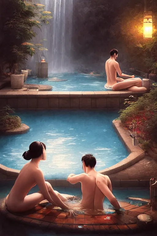 Image similar to a couple relaxing at an onsen hot spring, as drawn by artgerm, greg rutkowski, wide shot, digital artwork by karol bak and rhads, jason chan