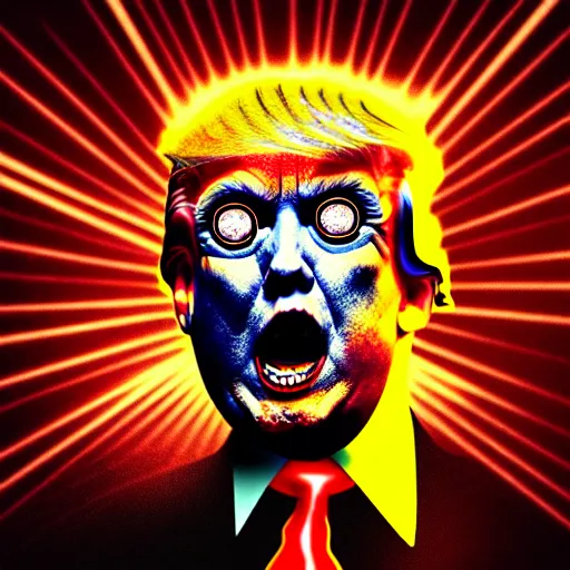 Prompt: a horrific death metal album cover of donald trump with laser eyes, trending on artstation