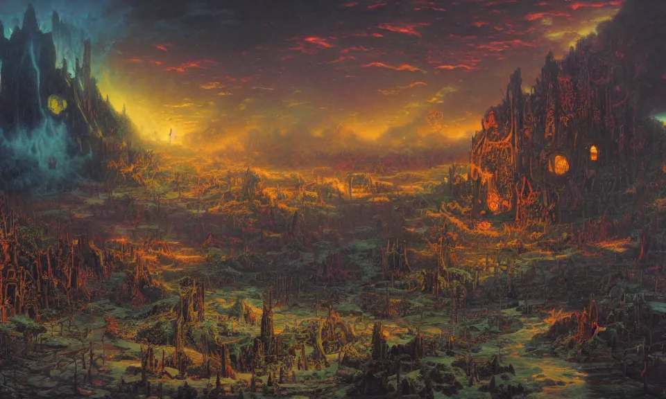 Prompt: a barren hellscape populated by demons, painted by thomas kinkade and wayne douglas barlowe