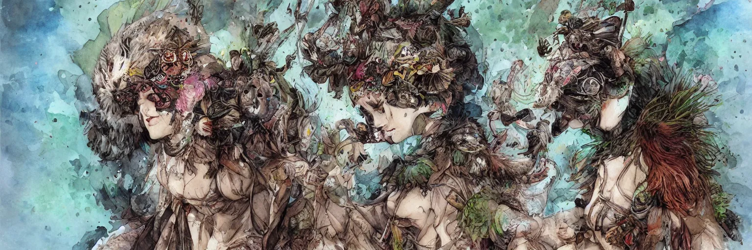 Image similar to plant based warrior monk wearing augmented reality visor and seductive owl sorceress fighting side by side by Jean-Baptiste Monge, post processing, painterly, book illustration watercolor granular splatter dripping paper texture. Trending on artstation, post processing, pen and ink work. sharp focus.