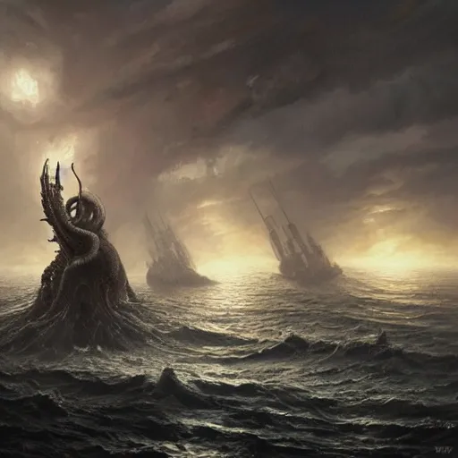 Prompt: old Cthulhu god in the storm surrounded by ships, Greg Rutkowski, horror,