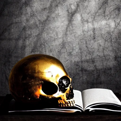 Prompt: a dark ominous chiaroscuro baroque still life photo of a ray of god light shining on a floating golden skull completely covered in ancient runic engravings inscriptions about prophecies, spells, ominous darkness background. weirdcore