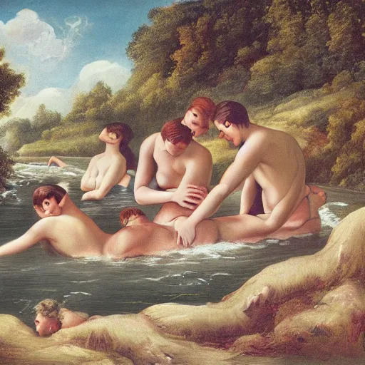 Prompt: The illustration depicts four bathers in a stream or river, with two men and two women. The bathers are shown in different positions, with one woman lying down and the other three standing. The illustration has a very naturalistic style, with trademark use of bold colors and brushstrokes. The overall effect is one of a peaceful scene, with the bathers enjoying the refreshing water. Greek by Richard Dadd, by Ludwig Mies van der Rohe frightful, playful