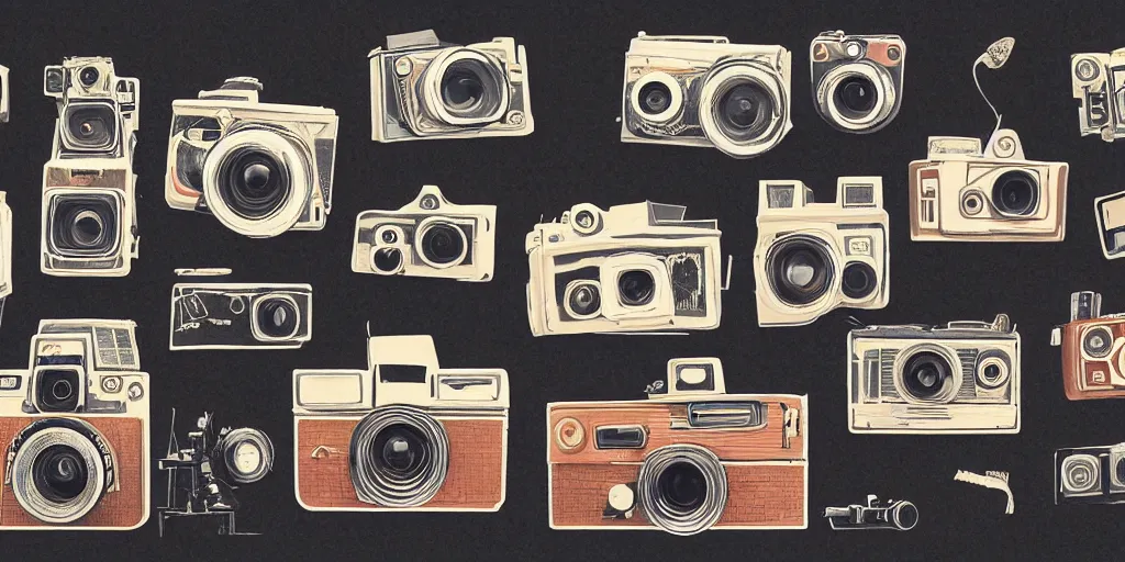 Prompt: full color page scan of various vintage cameras illustrations on black background, in matte painting, 2 d, kitbash, 4 k