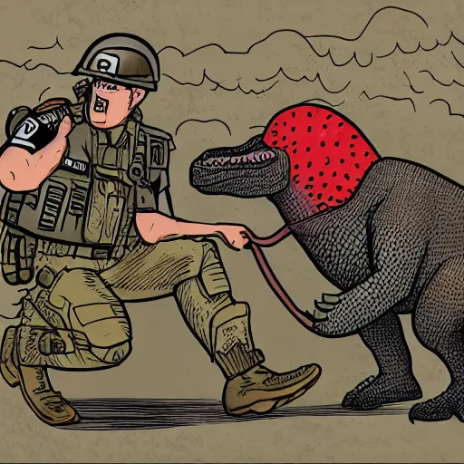 Image similar to super detailed illustration of a police officer and a dinosaur kissing in a war zone