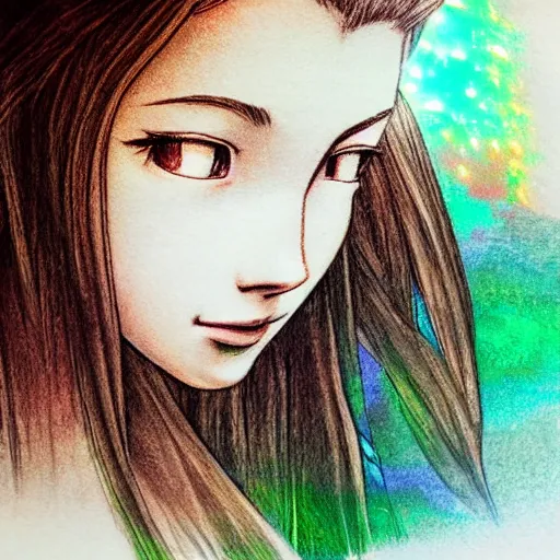 Image similar to daydreaming Aerith Gainsborough close-up portrait looking straight on, complex artistic color ink pen sketch illustration, full detail, gentle shadowing, fully immersive reflections and particle effects, chromatic aberration, statue.
